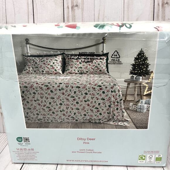 CATH KIDSTON London QUEEN Sheet Set 100% Cotton Ditsy Deer Christmas Holiday New - Picture 6 of 9